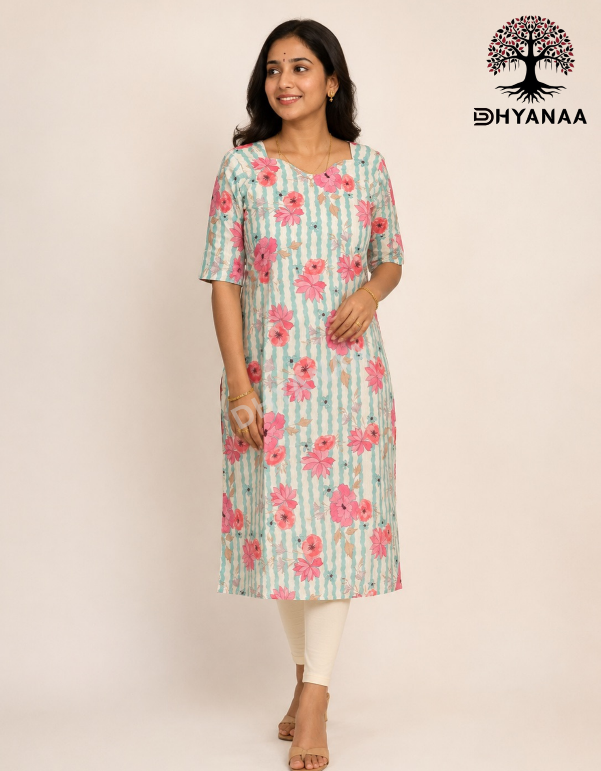 Chanderi Cotton Floral Design Kurti - Aqua Blue W/Lining - LKCHC003