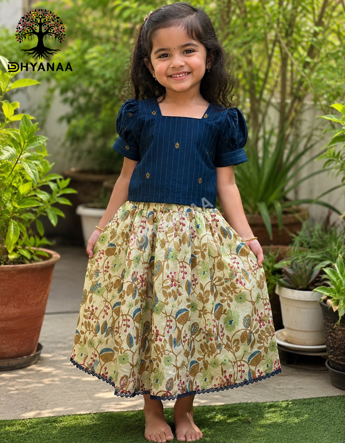 Kids Girls Festive Silk Cotton Top and Skirt-Blue-GFF001