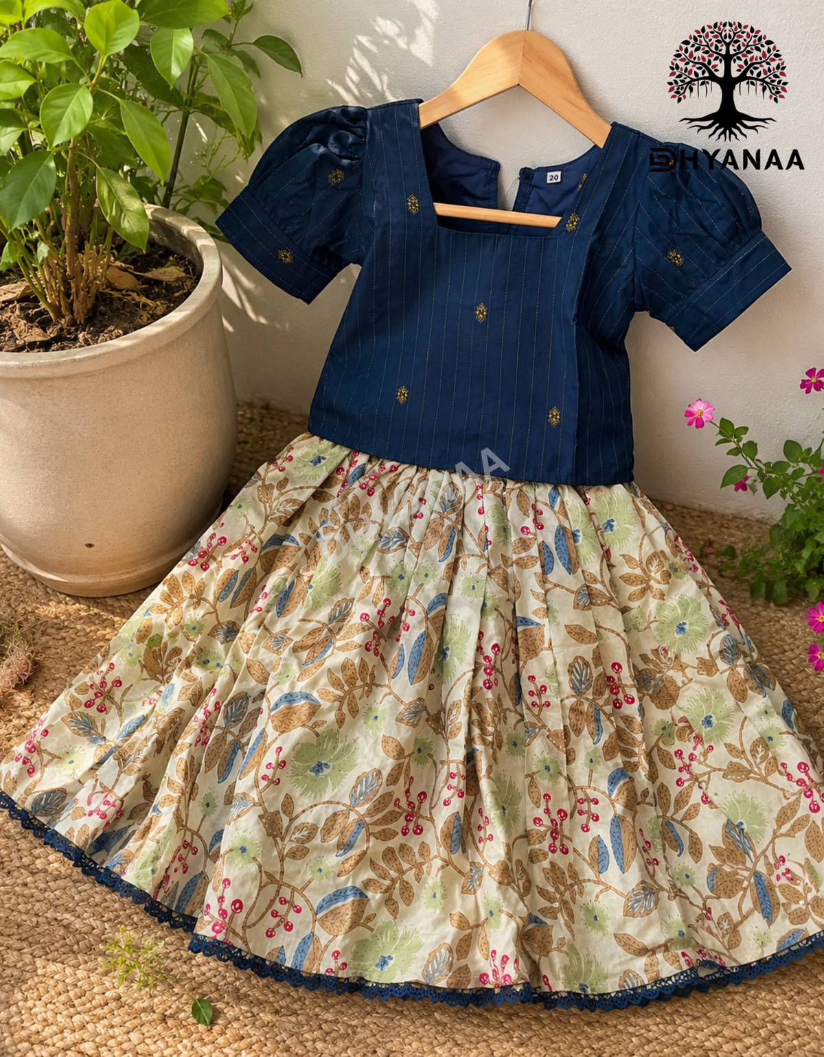 Kids Girls Festive Silk Cotton Top and Skirt-Blue-GFF001