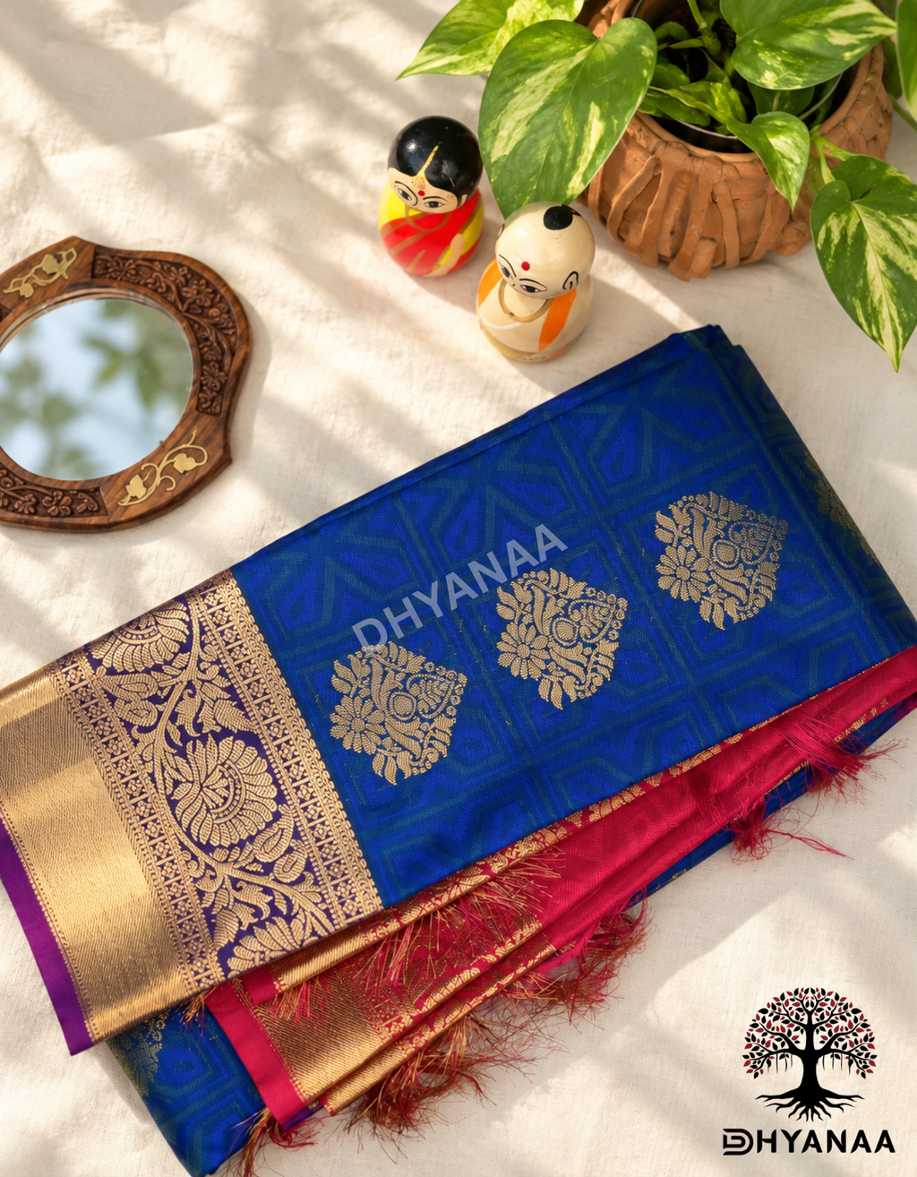 Semi Silk Saree - Royal Blue with Gold Zari