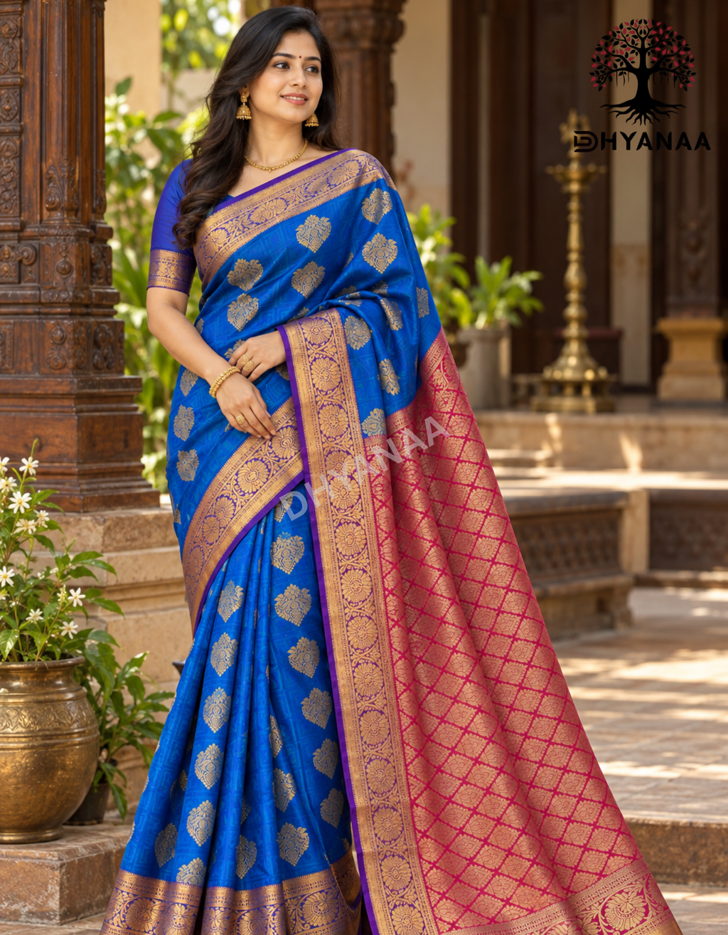 Semi Silk Saree - Royal Blue with Gold Zari