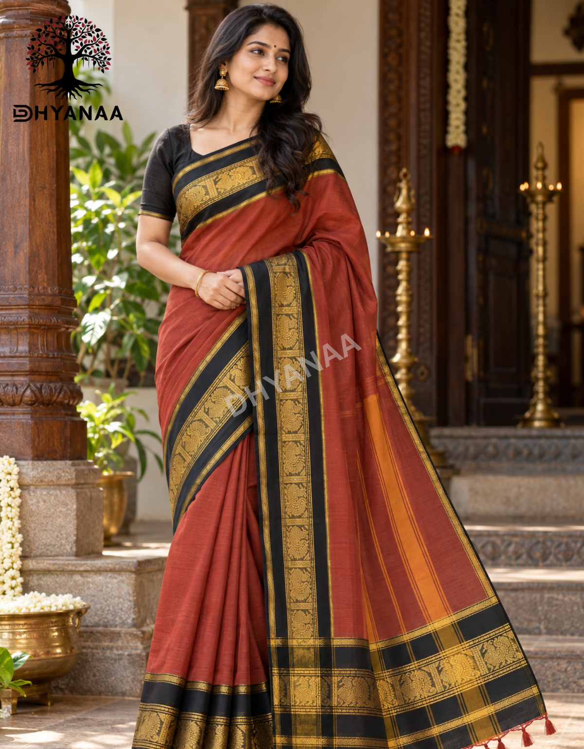 Chettinad Cotton Saree Dark Rust Orange with Rich Zari