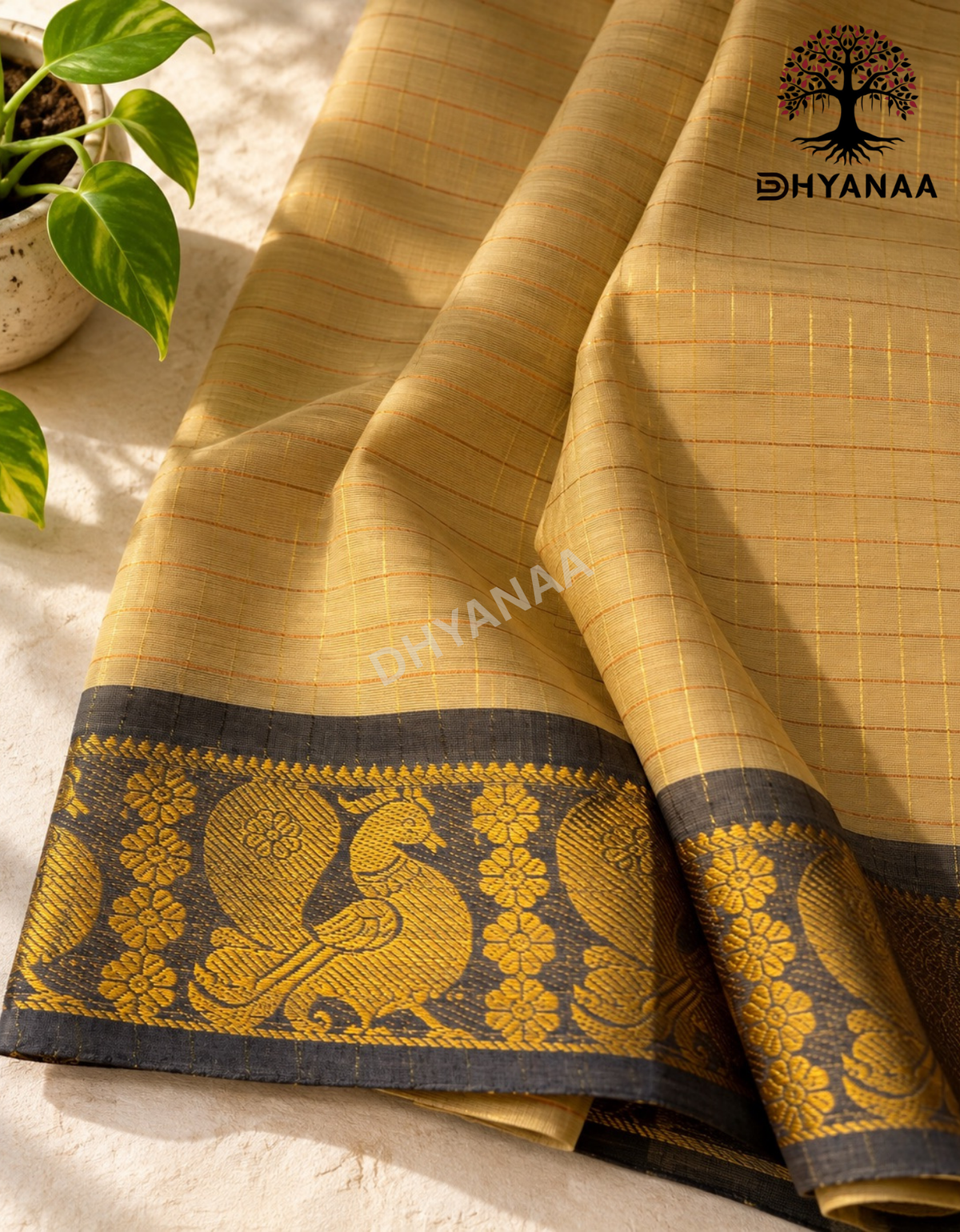 Beige Gold Zari Checks Chettinad Cotton Saree with Annam Motifs Rich Border