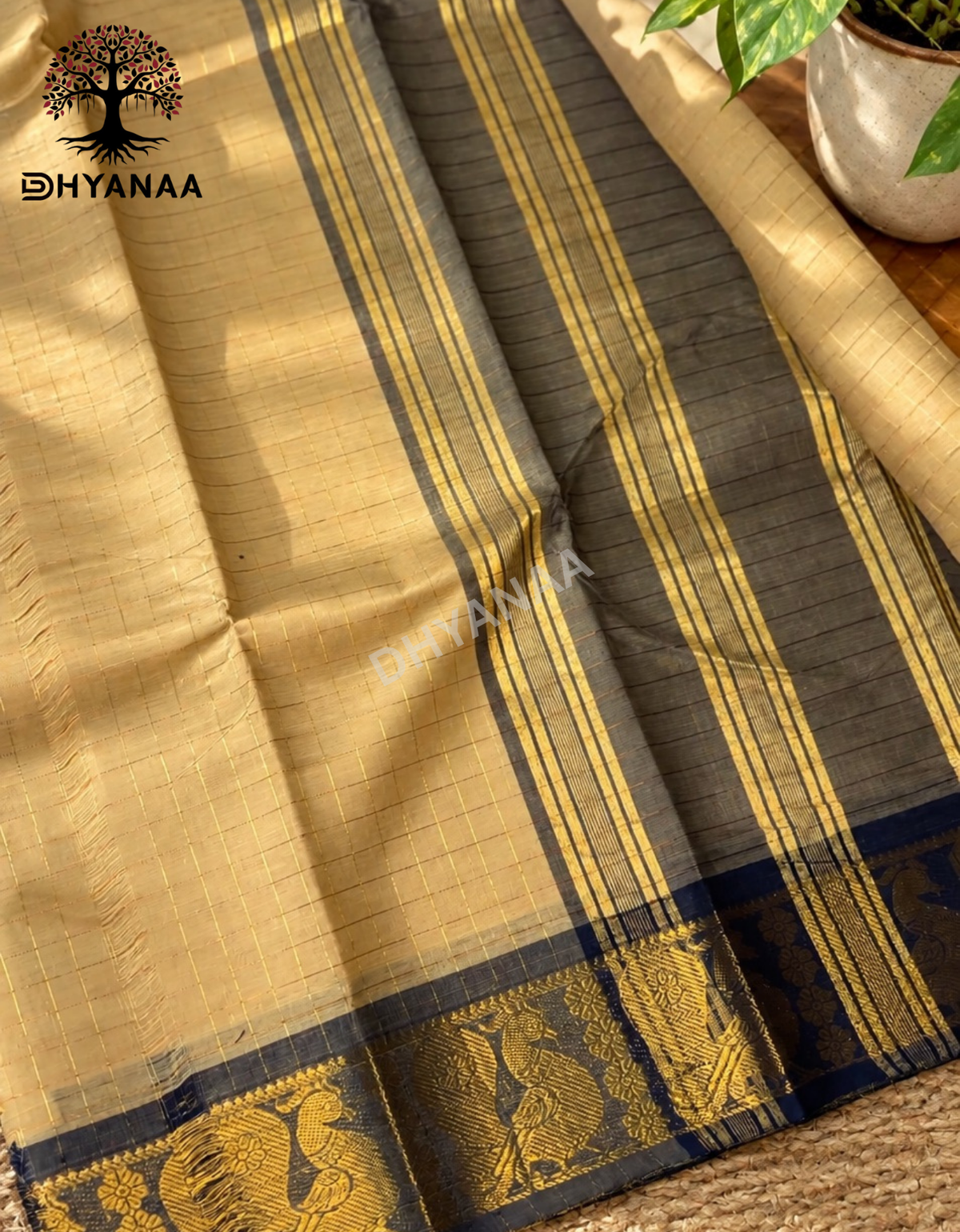 Beige Gold Zari Checks Chettinad Cotton Saree with Annam Motifs Rich Border
