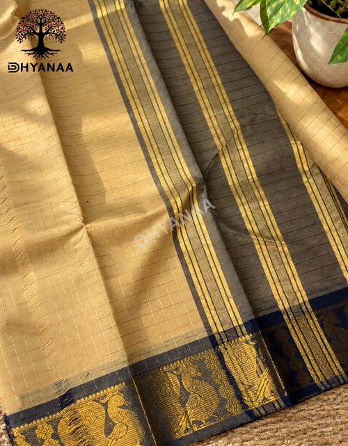 Beige Gold Zari Checks Chettinad Cotton Saree with Annam Motifs Rich Border