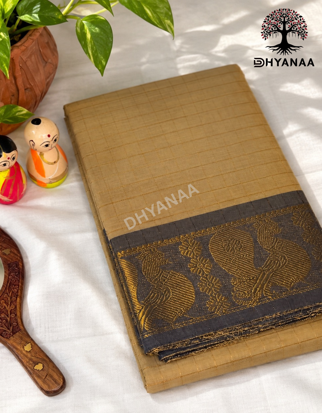 Beige Gold Zari Checks Chettinad Cotton Saree with Annam Motifs Rich Border