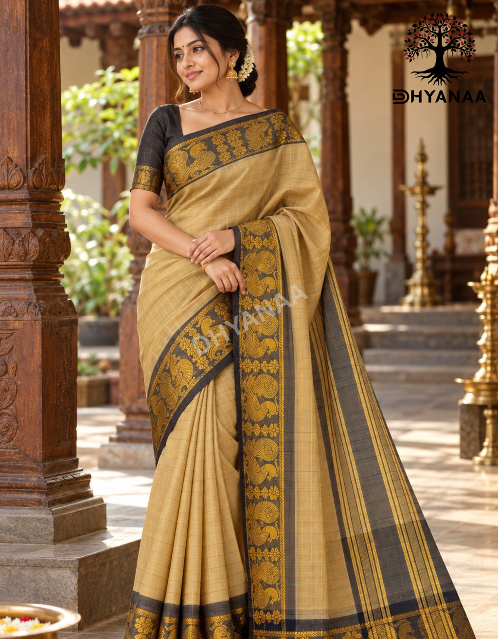 Beige Gold Zari Checks Chettinad Cotton Saree with Annam Motifs Rich Border