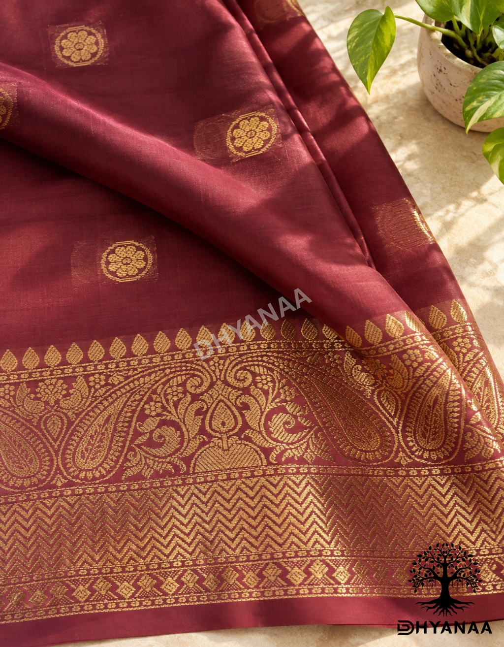 Semi Banarasi Silk Saree - Maroon with Gold Zari