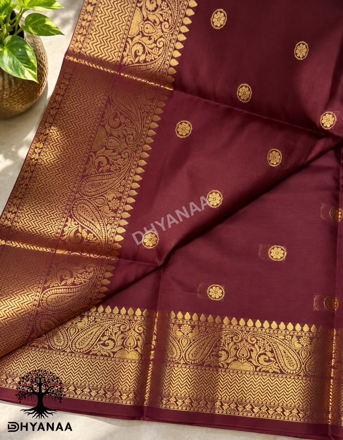 Semi Banarasi Silk Saree - Maroon with Gold Zari