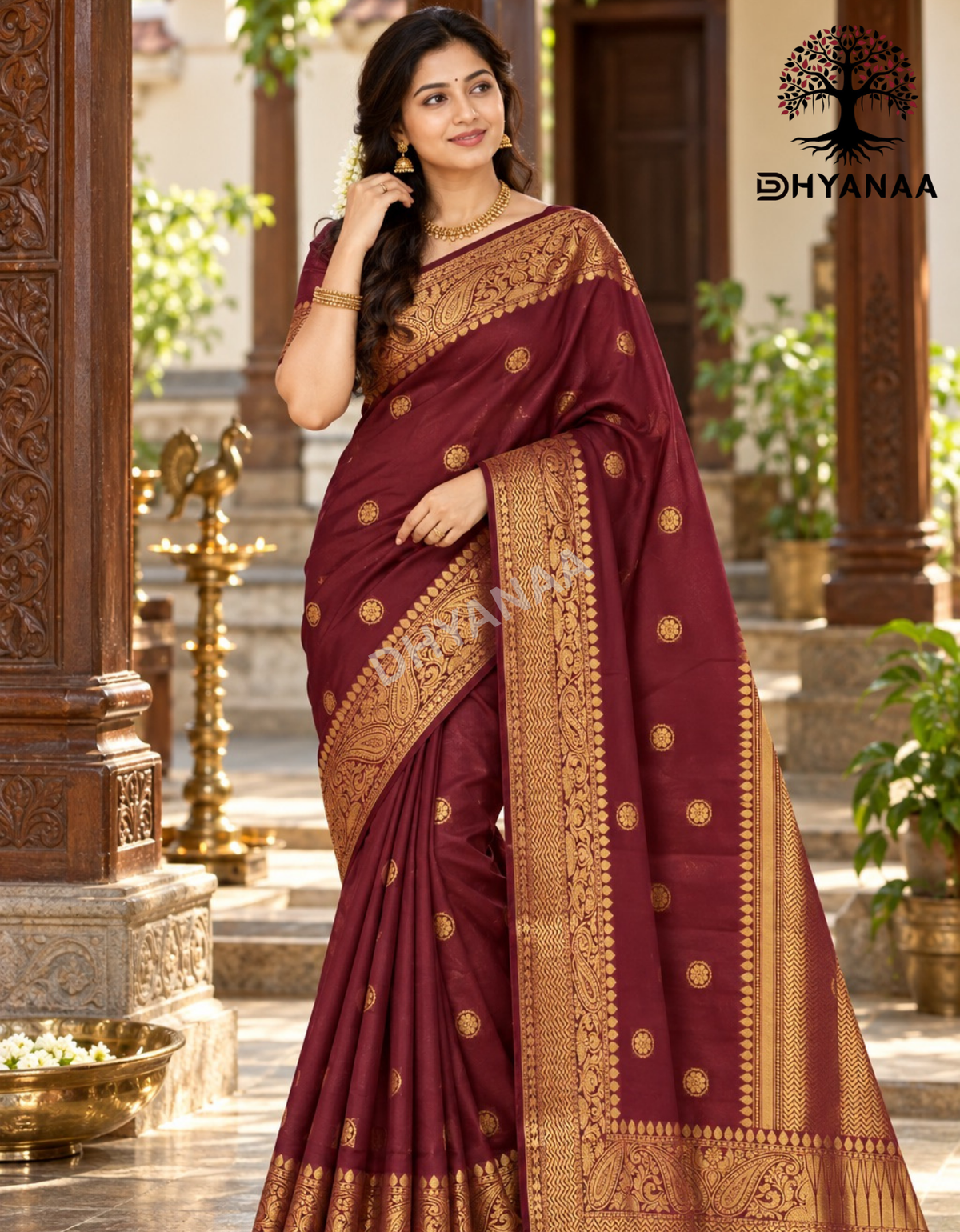 Semi Banarasi Silk Saree - Maroon with Gold Zari