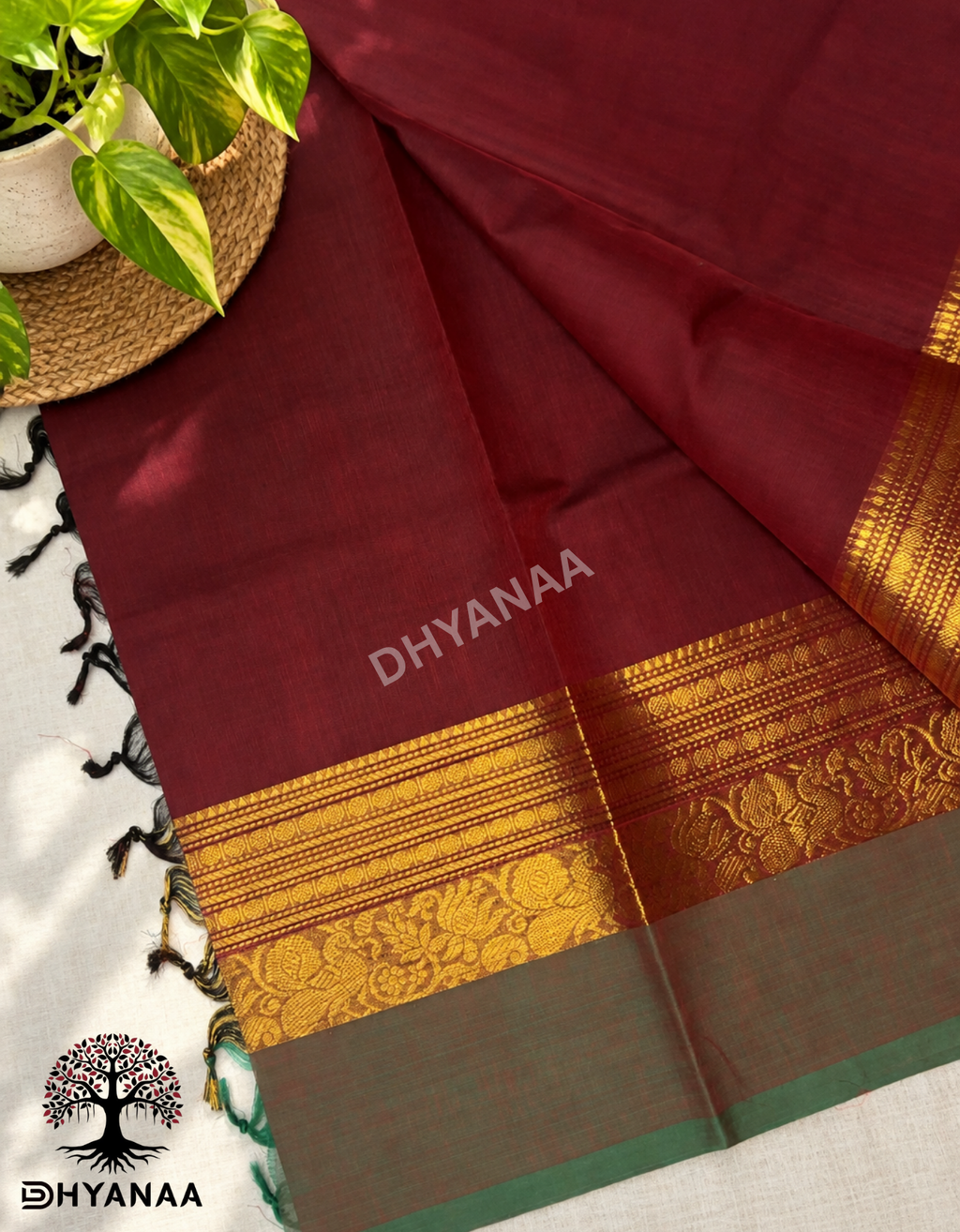 Chettinad Cotton Saree Deep Maroon with Antique Gold Zari