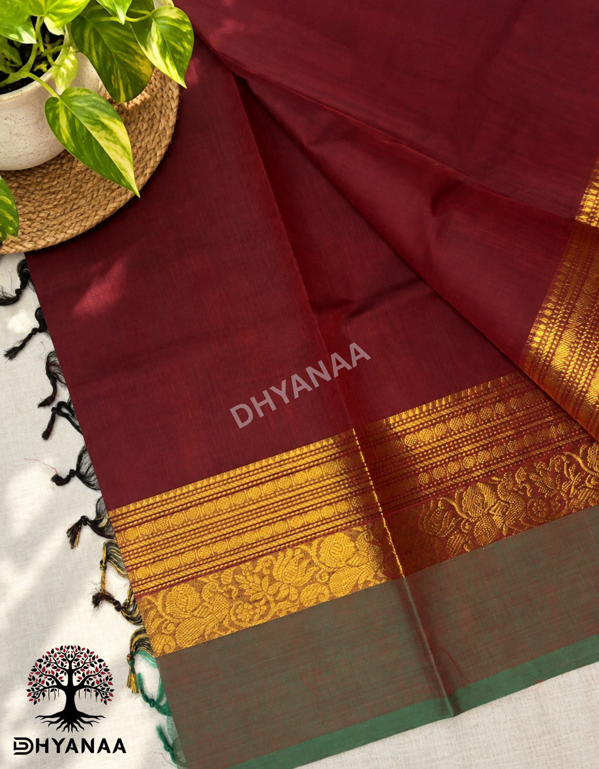 Chettinad Cotton Saree Deep Maroon with Antique Gold Zari
