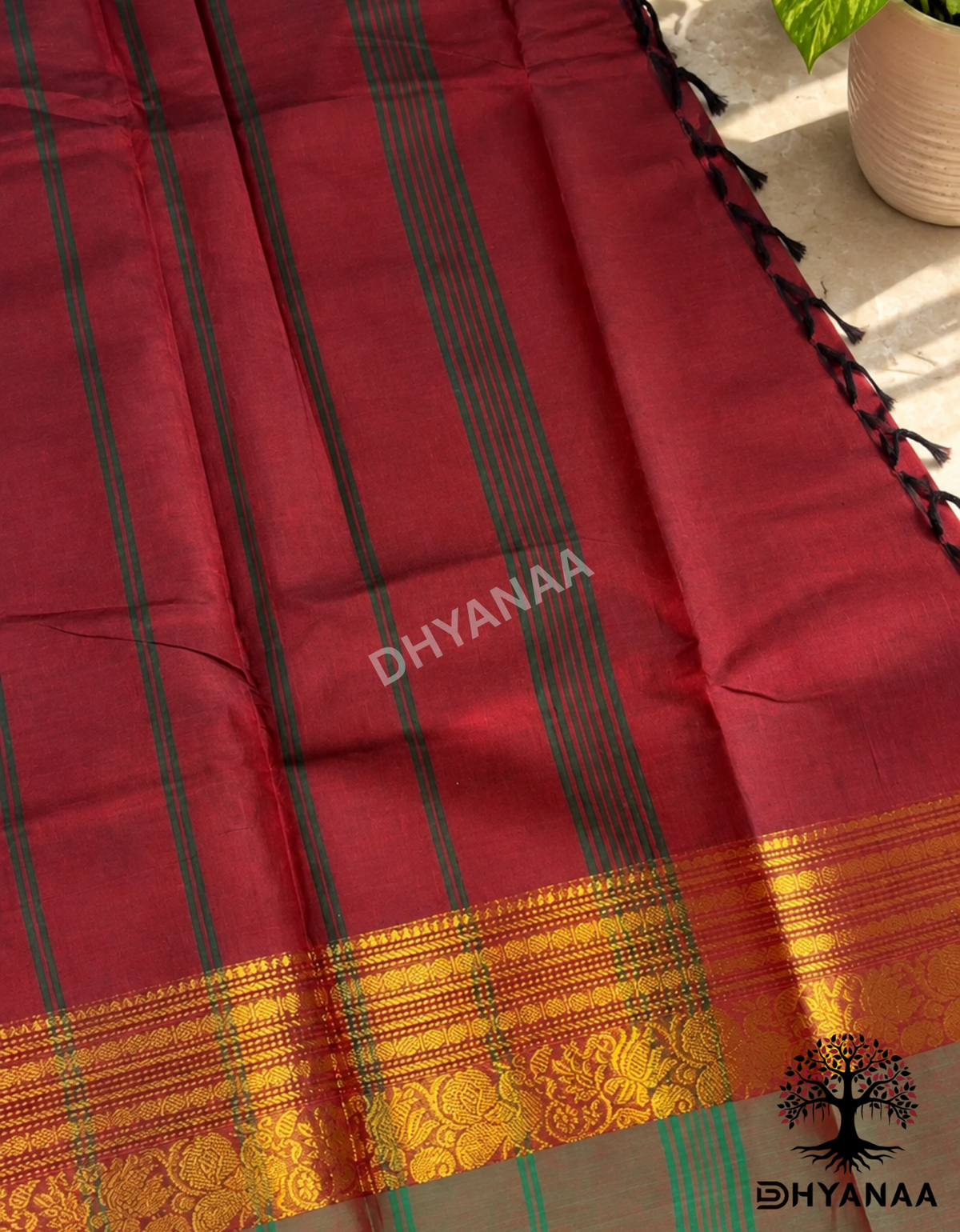 Chettinad Cotton Saree Deep Maroon with Antique Gold Zari