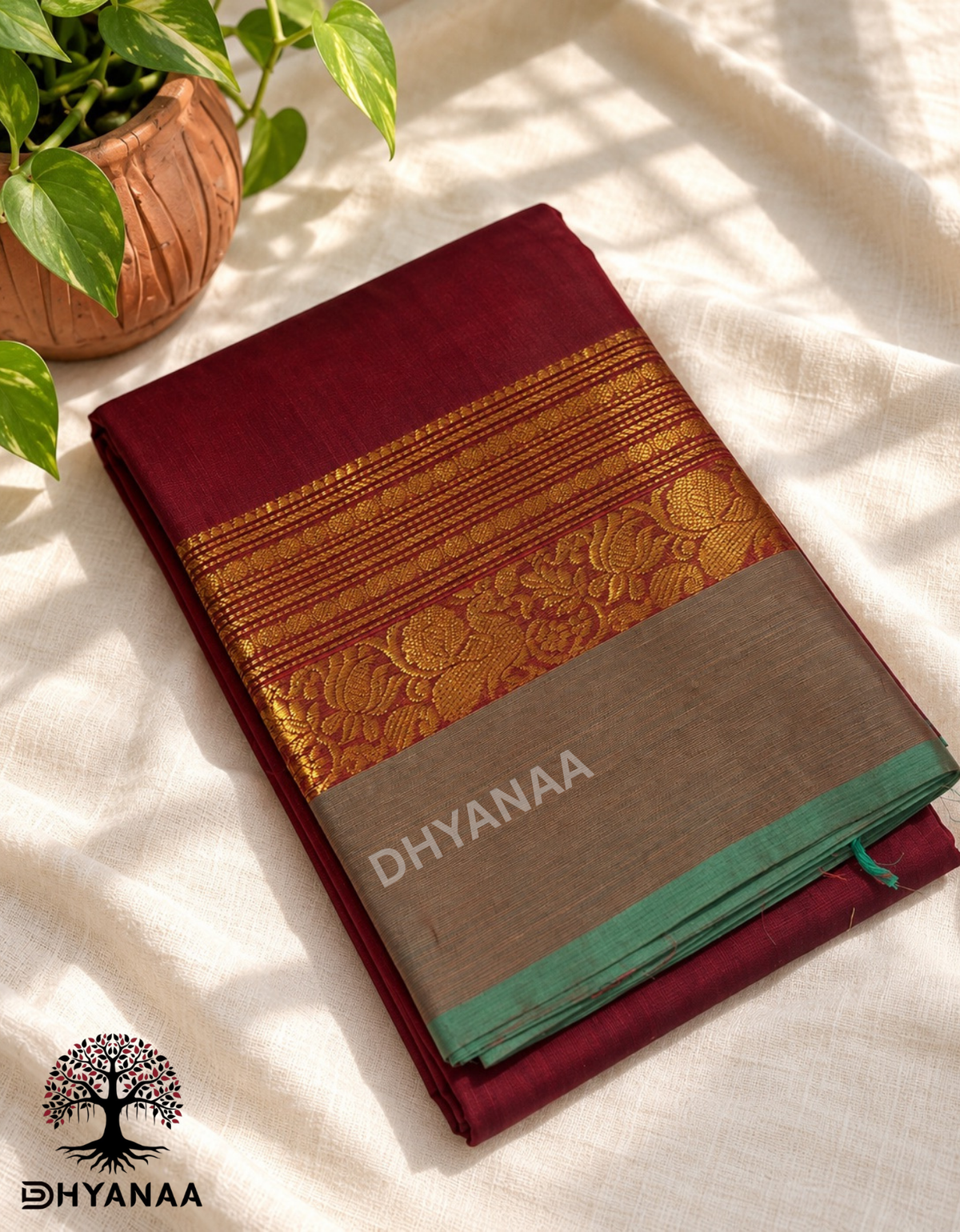 Chettinad Cotton Saree Deep Maroon with Antique Gold Zari