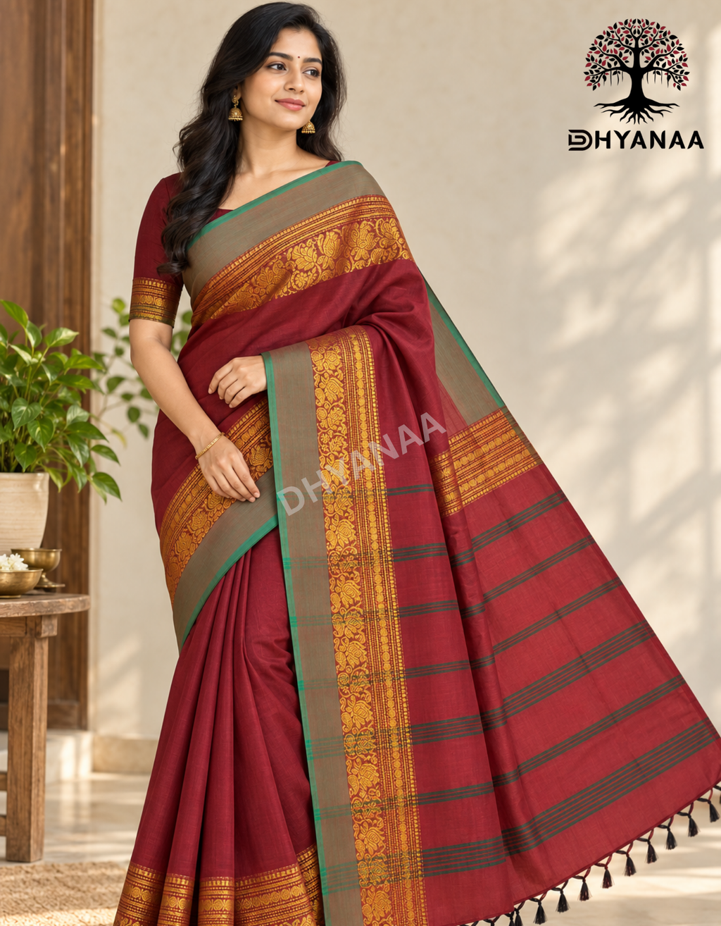 Chettinad Cotton Saree Deep Maroon with Antique Gold Zari