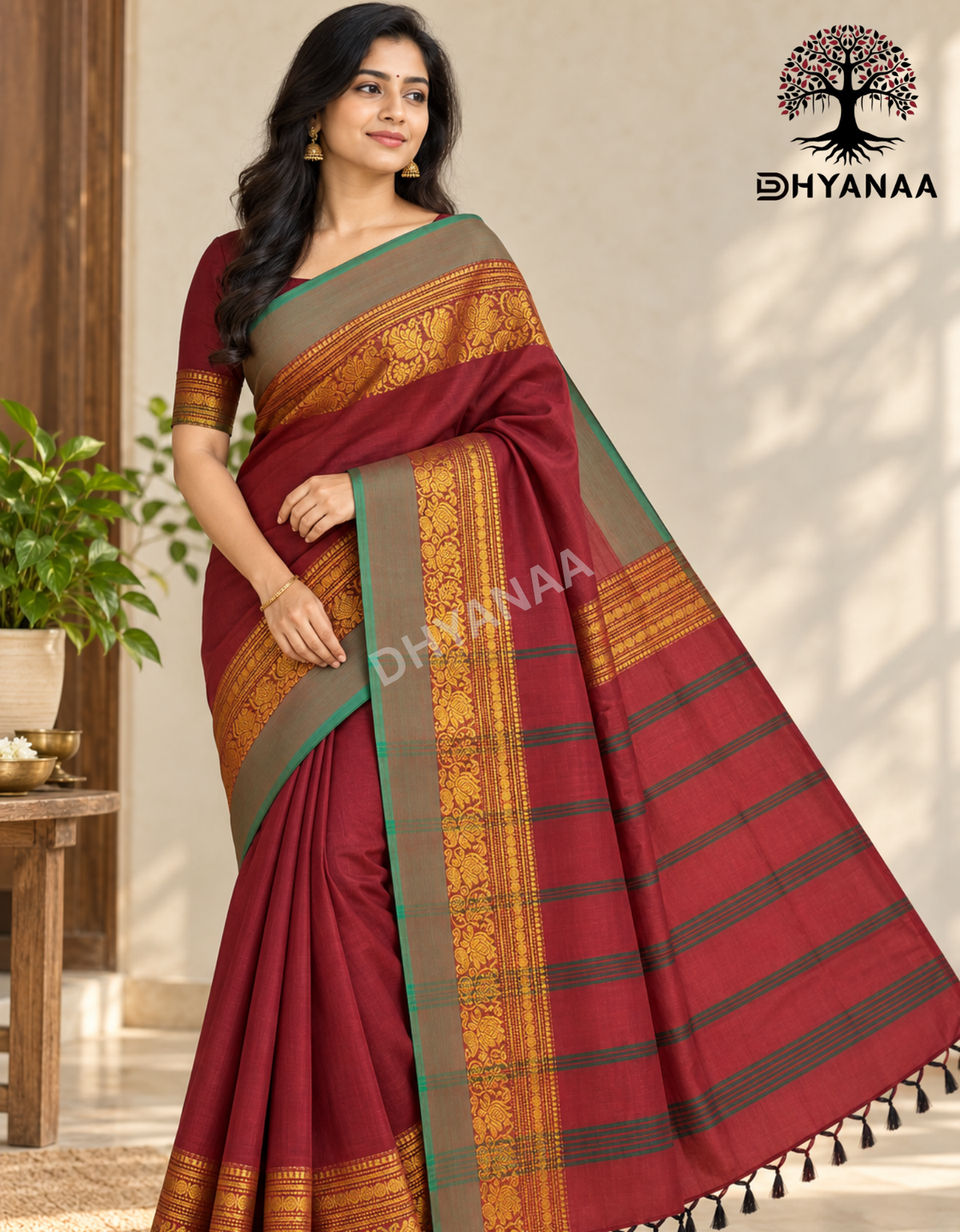 Chettinad Cotton Saree Deep Maroon with Antique Gold Zari