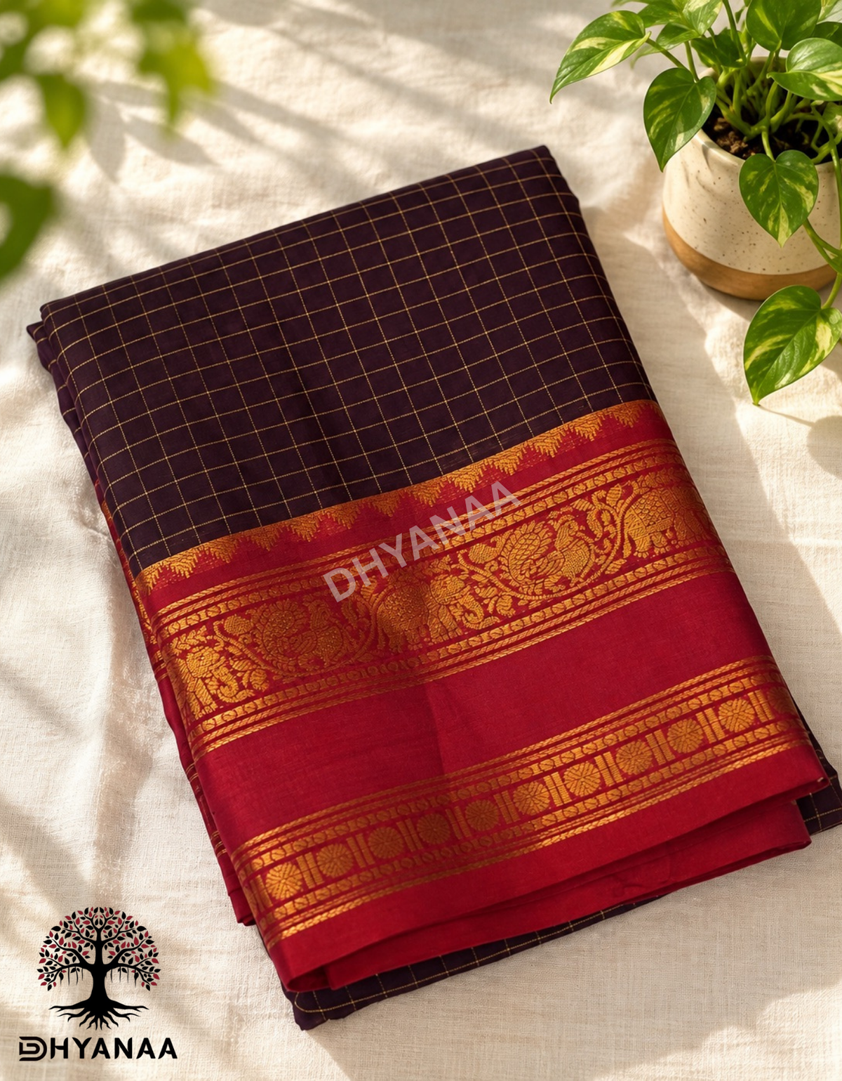 Purple Zari Checks Kalyani Cotton Saree with Annam and Elephant Motifs Rich Zari Border