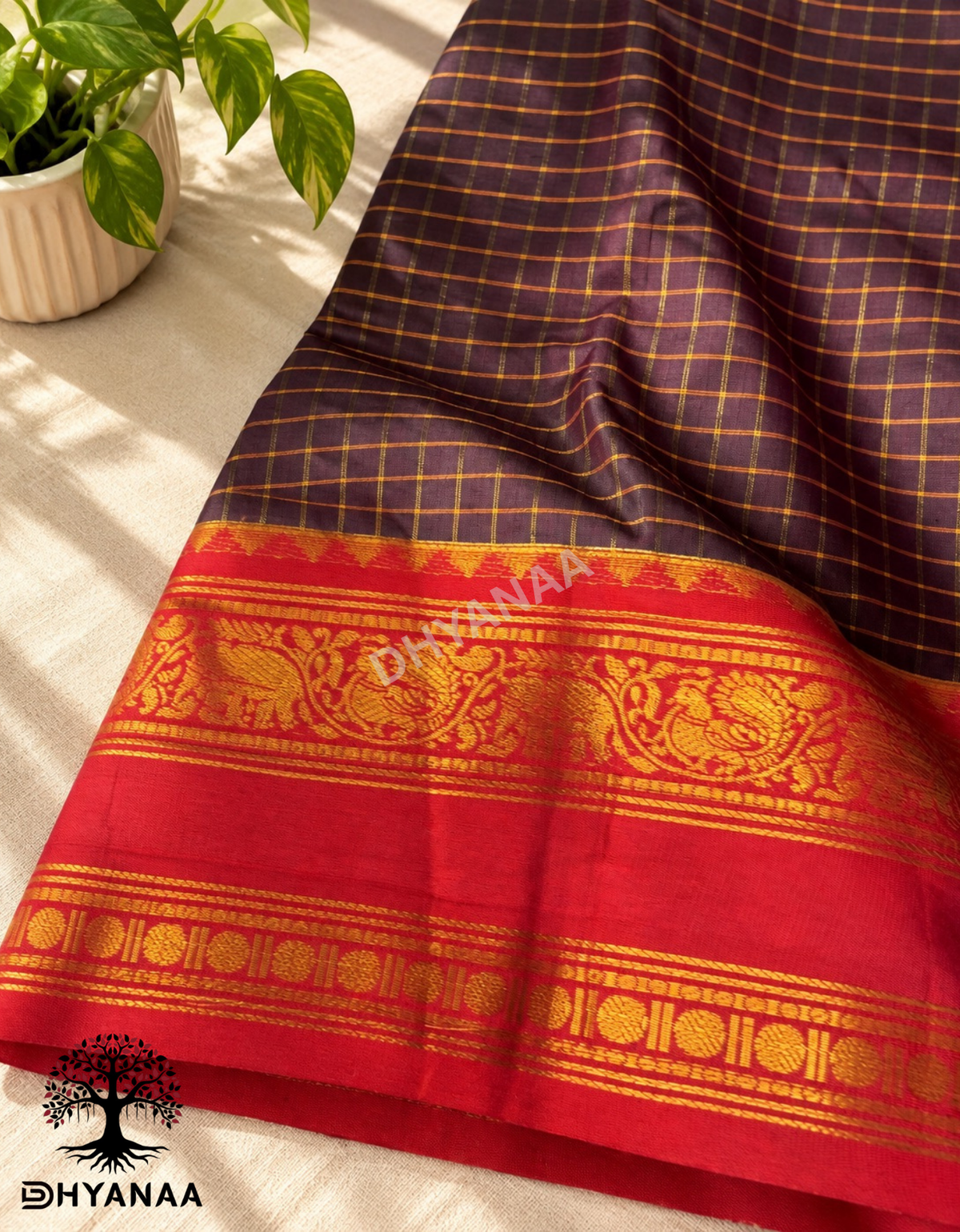Purple Zari Checks Kalyani Cotton Saree with Annam and Elephant Motifs Rich Zari Border