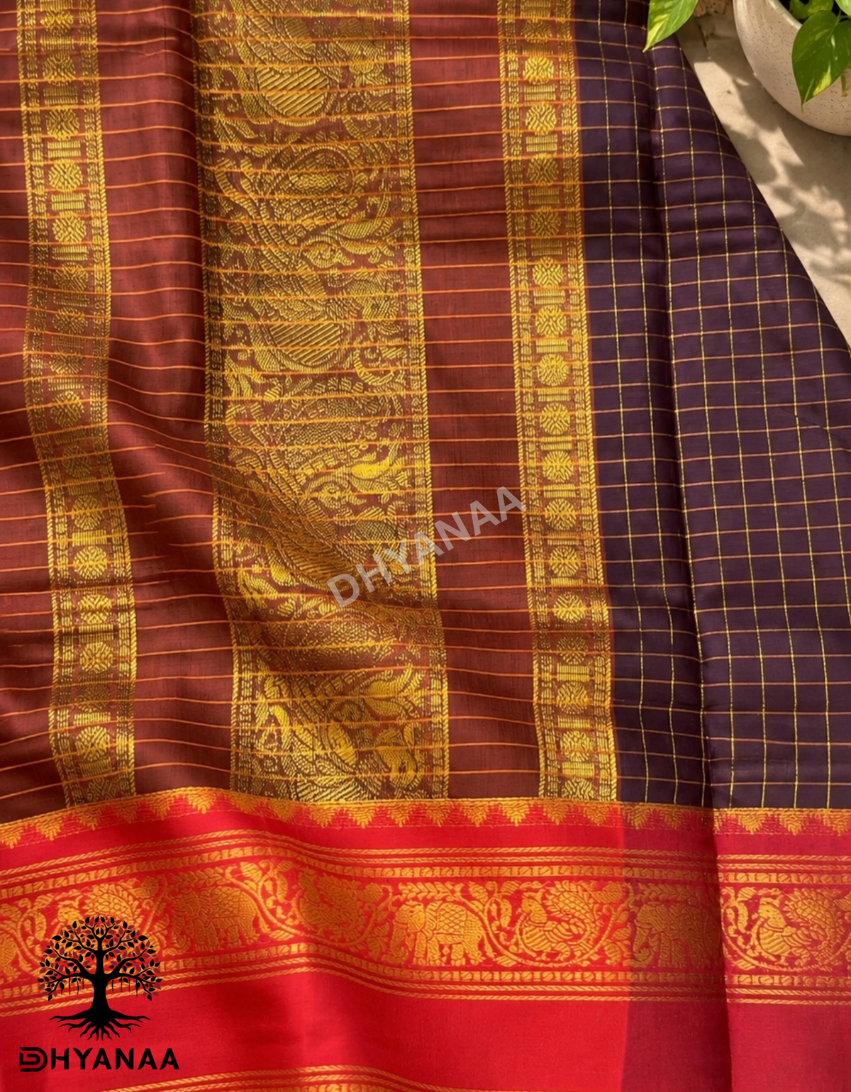 Purple Zari Checks Kalyani Cotton Saree with Annam and Elephant Motifs Rich Zari Border