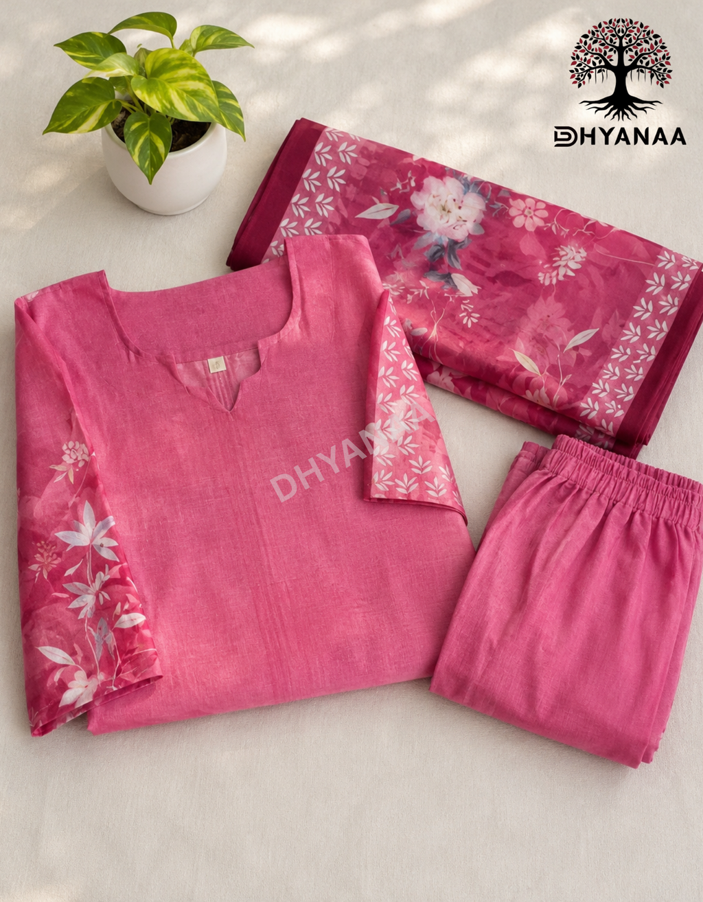 Silk blend Cotton 3 PC Set W/Lining Pink-LKMU3001