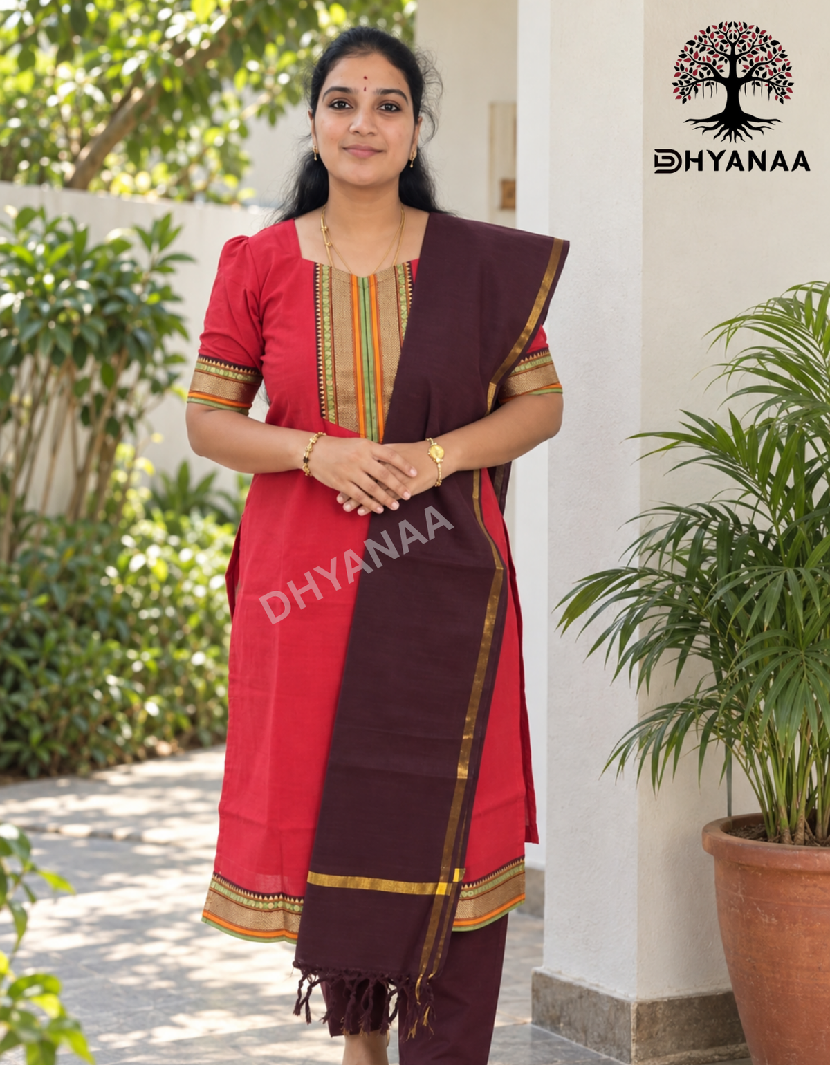 Mangalagiri Handloom Cotton 3 PC Set W/Lining Red-LKMC3002