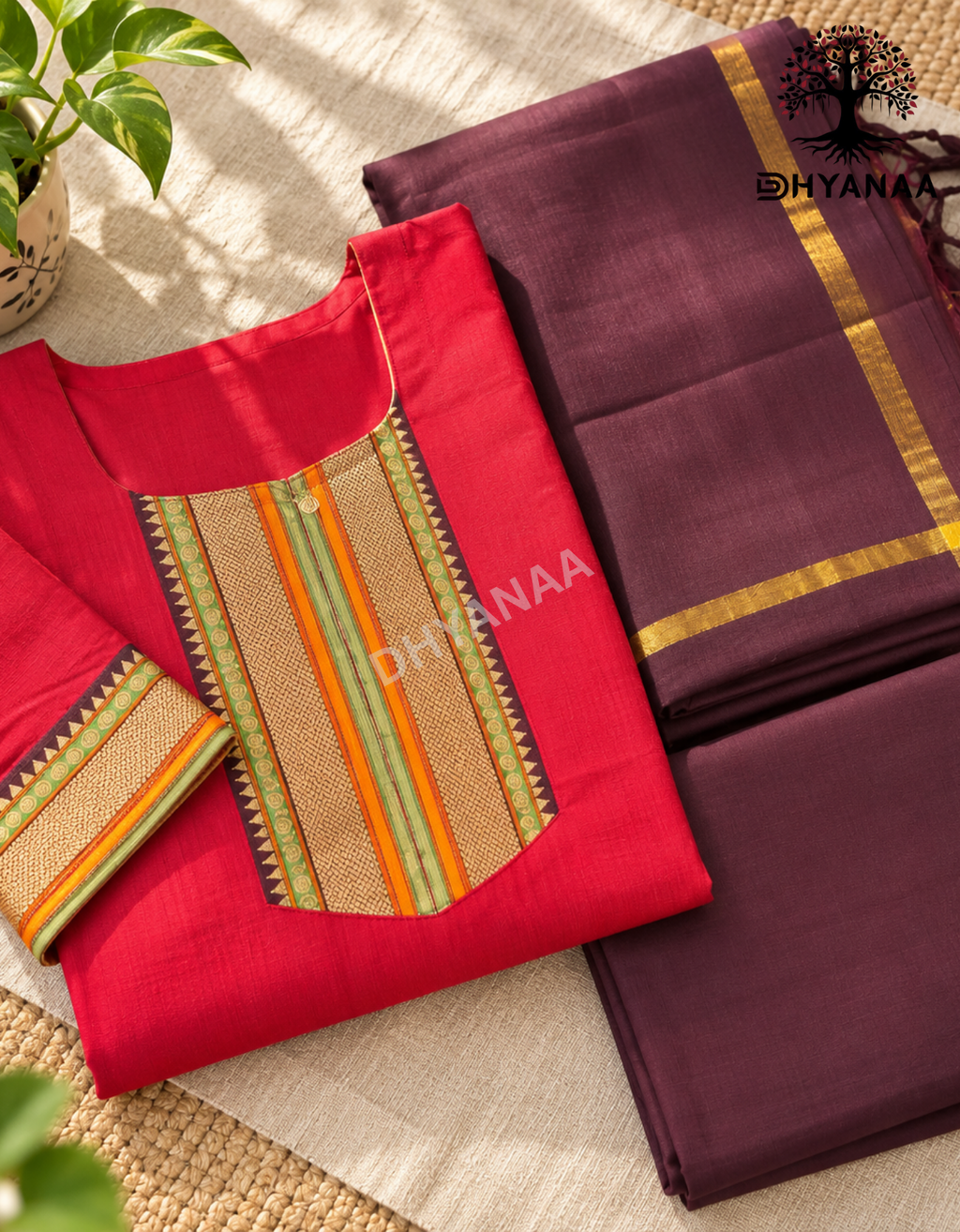 Mangalagiri Handloom Cotton 3 PC Set W/Lining Red-LKMC3002