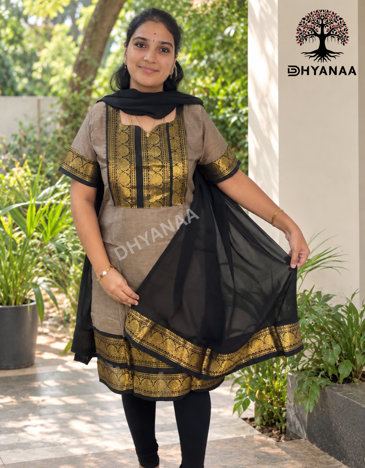 Kanchi Cotton 2 pc Set with zari border duppatta-Grey-LKKC2001