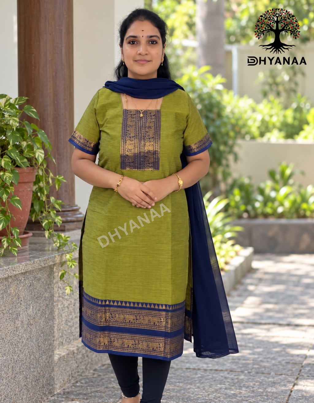 Kanchi Cotton 2 pc Set with Georgette Duppatta - Parrot Green & Navy Blue - LKKC2004