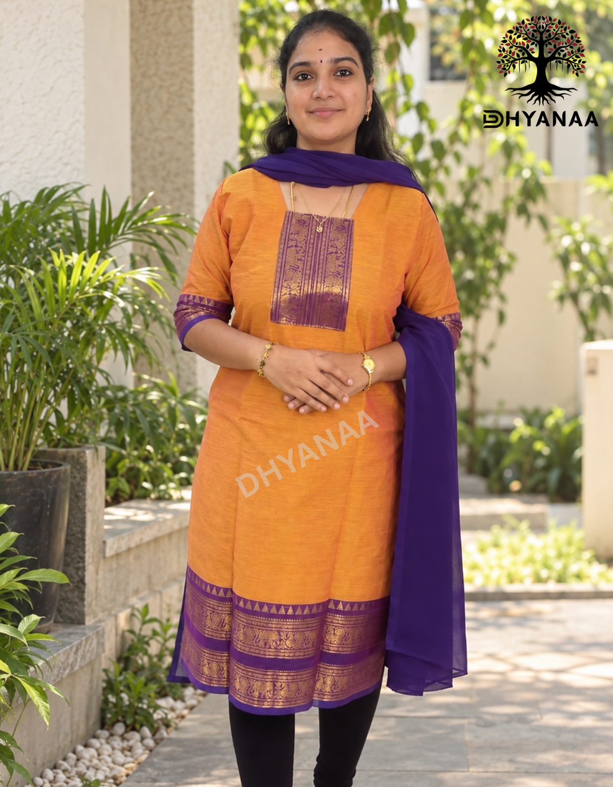 Kanchi Cotton 2 pc Set with Georgette Duppatta - Orange and Violet - LKKC2005