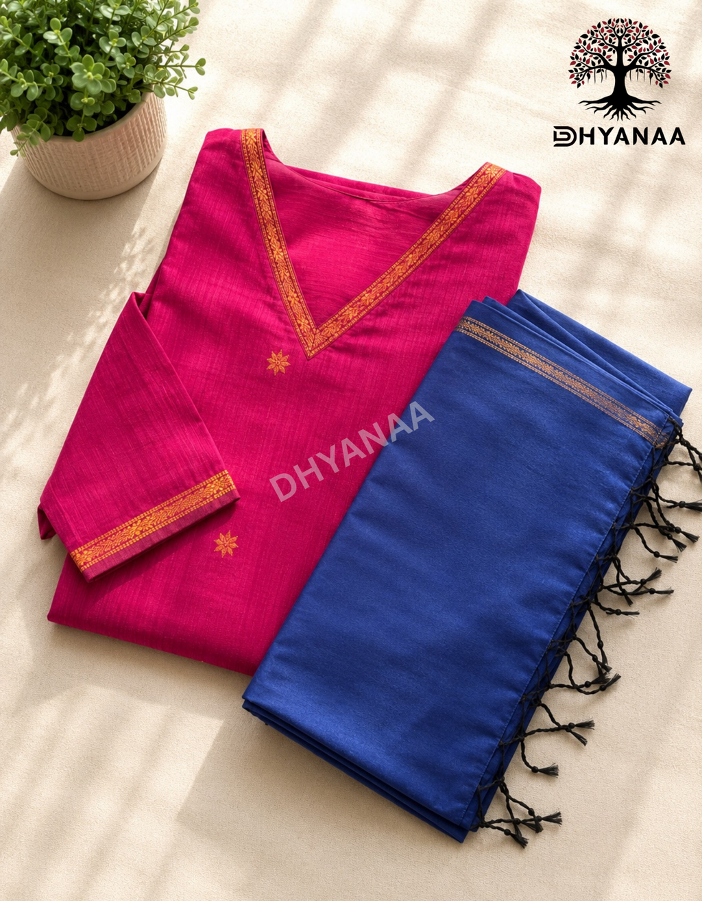 Maheshwari Silk Cotton 2 pc Set with Duppatta - Rani Pink - LKMC2001