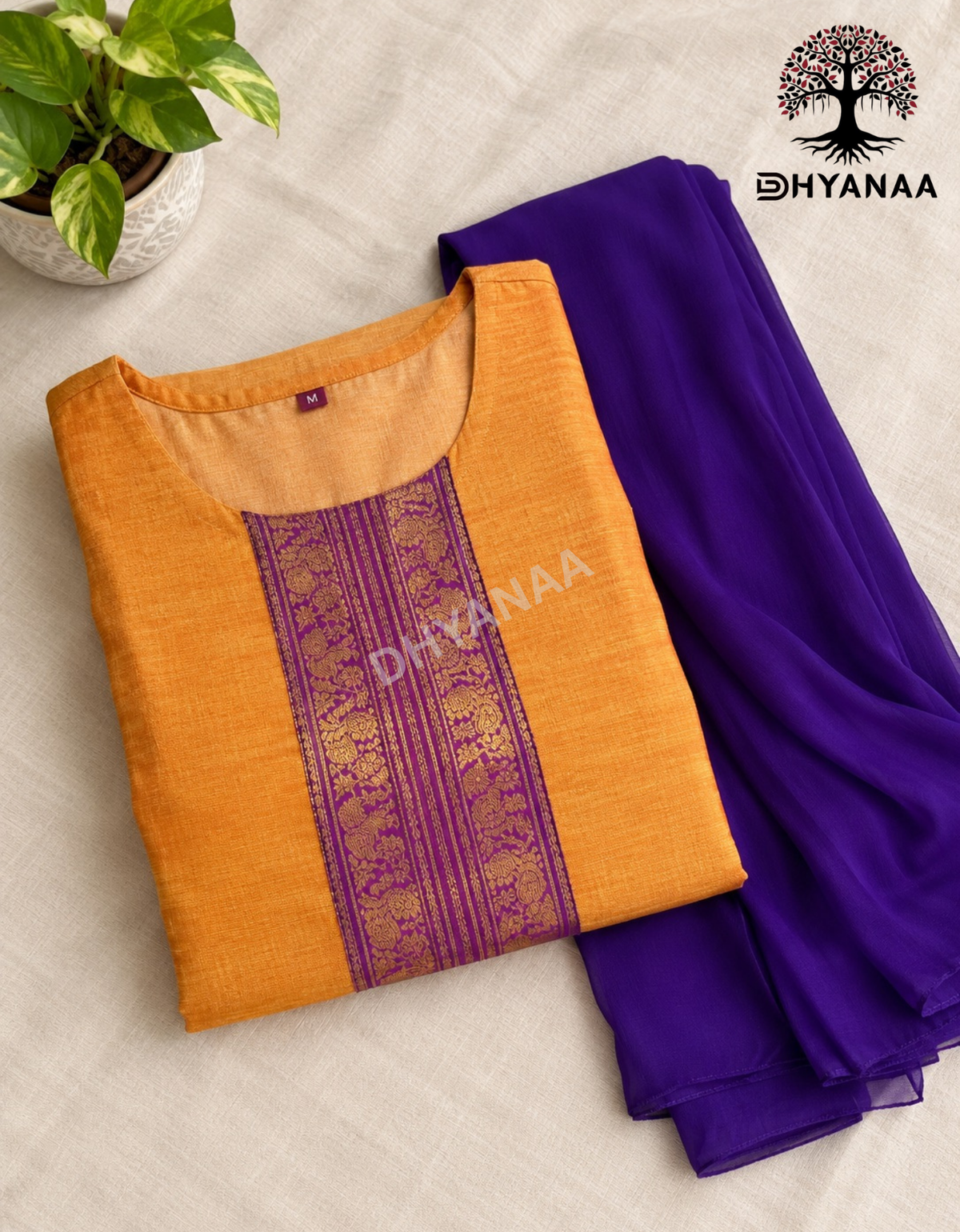 Kanchi Cotton 2 pc Set with Georgette Duppatta - Orange and Violet - LKKC2005