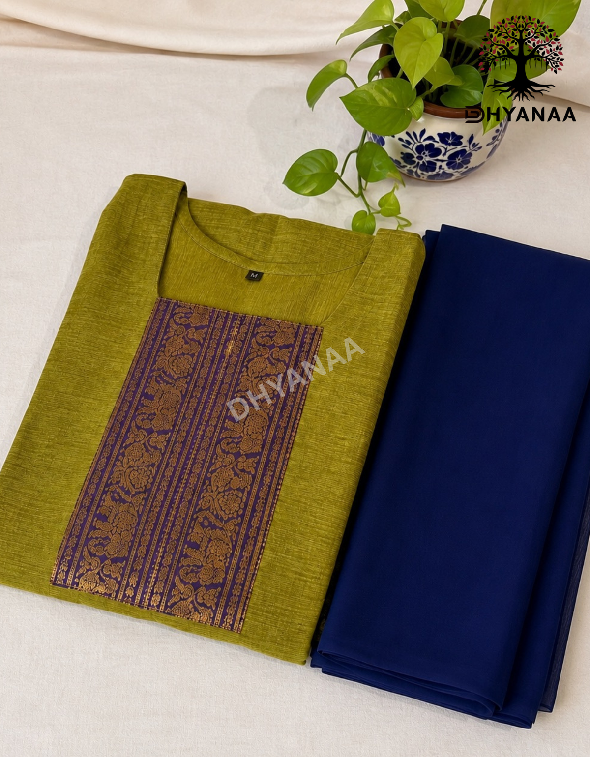 Kanchi Cotton 2 pc Set with Georgette Duppatta - Parrot Green & Navy Blue - LKKC2004