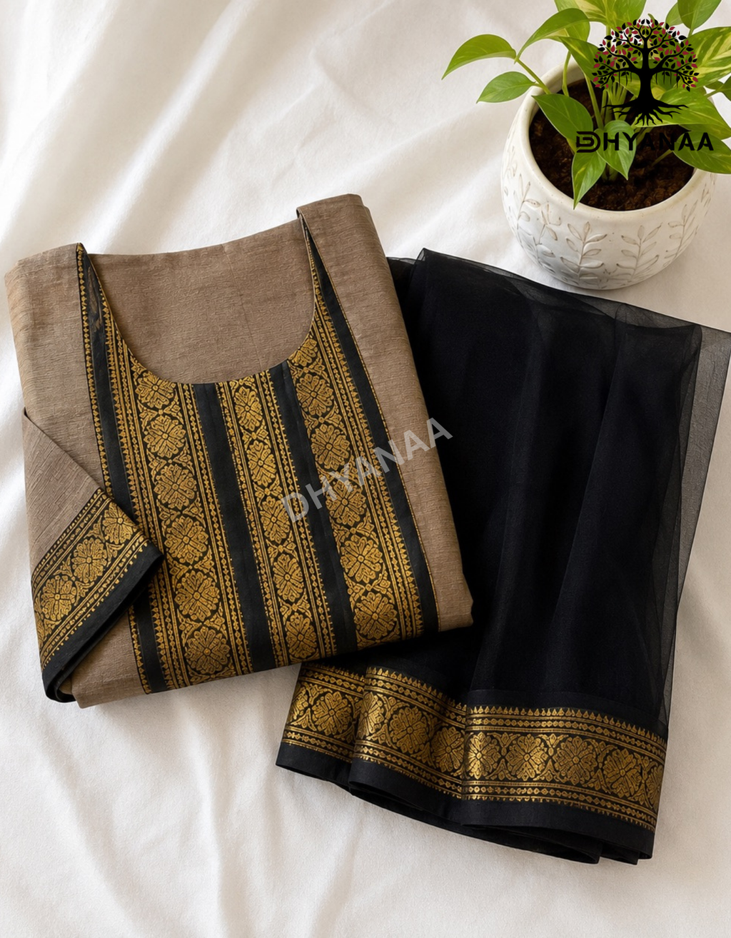 Kanchi Cotton 2 pc Set with zari border duppatta-Grey-LKKC2001