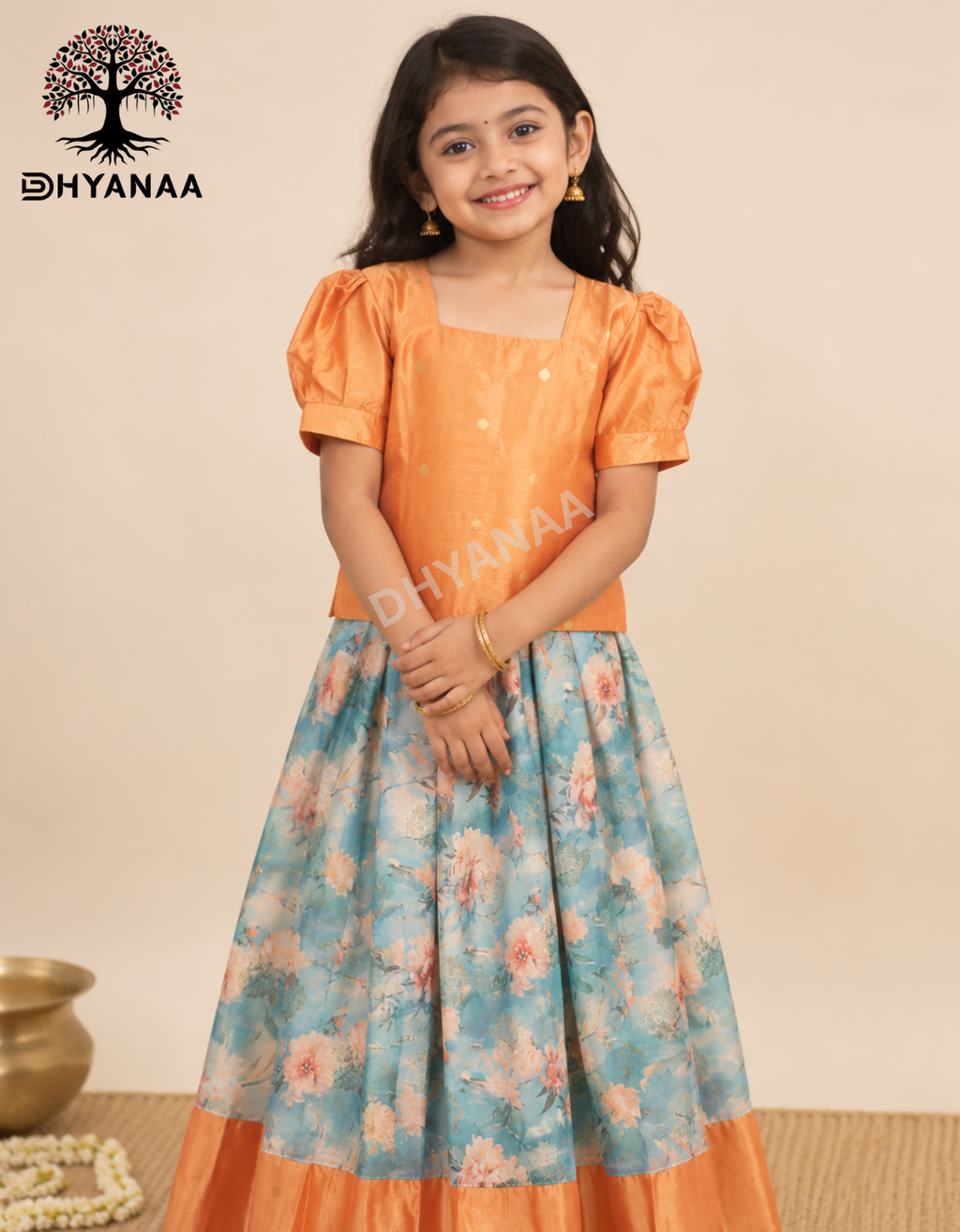 Kids Girls Silk Cotton Top and Skirt Set Festive Wear - Light Orange - GFF002