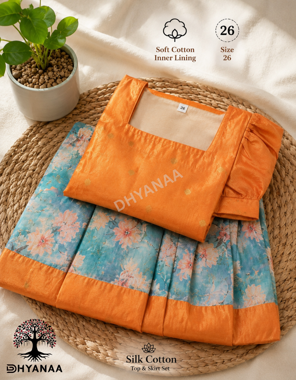 Kids Girls Silk Cotton Top and Skirt Set Festive Wear - Light Orange - GFF002