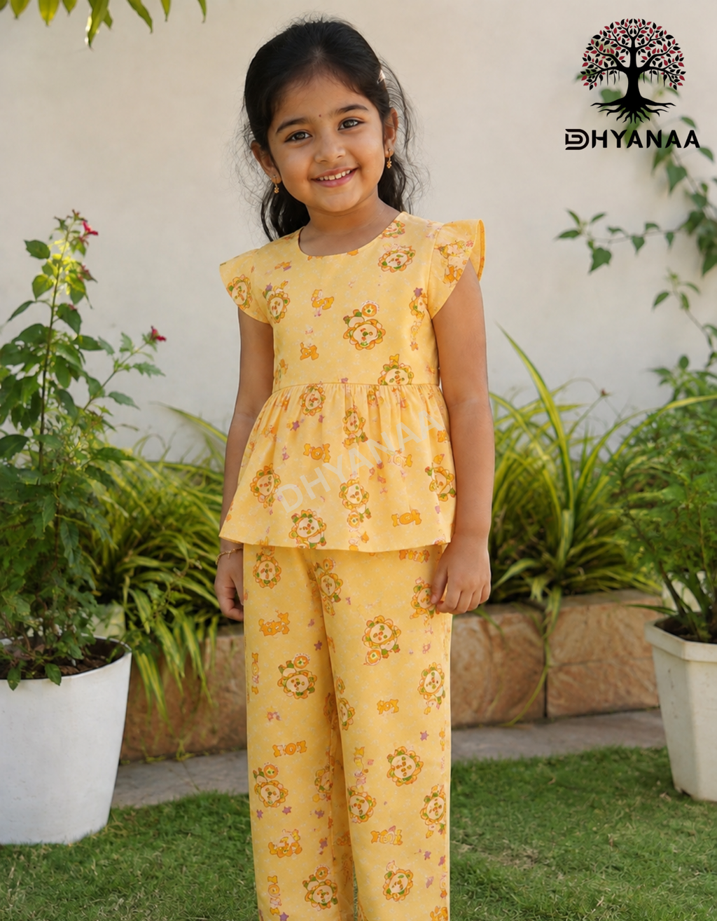 Kids Girls Muslin Cotton Frock & Pant Co-ord Set W/Lining - Light Orange - GFMC003