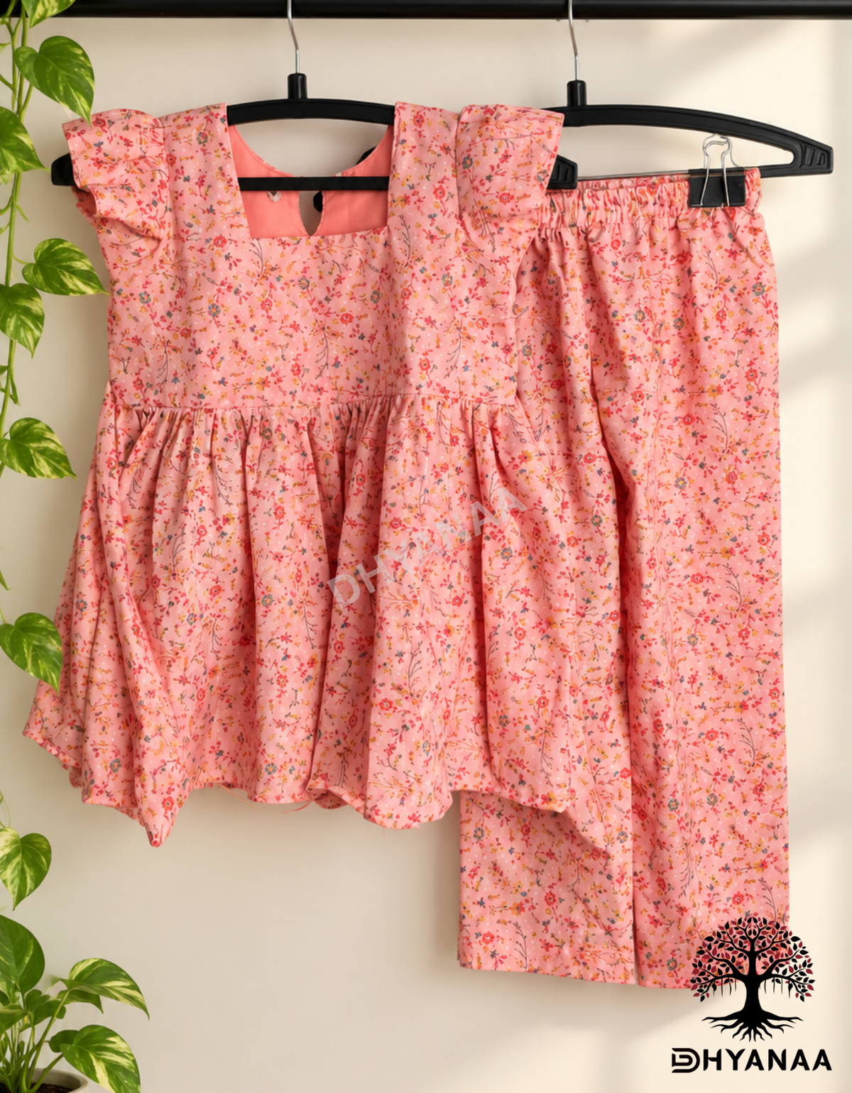 Kids Girls Muslin Cotton Frock & Pant Co-ord Set W/Lining - Rose Pink - GFMC004