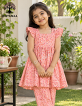 Kids Girls Muslin Cotton Frock & Pant Co-ord Set W/Lining - Rose Pink - GFMC004