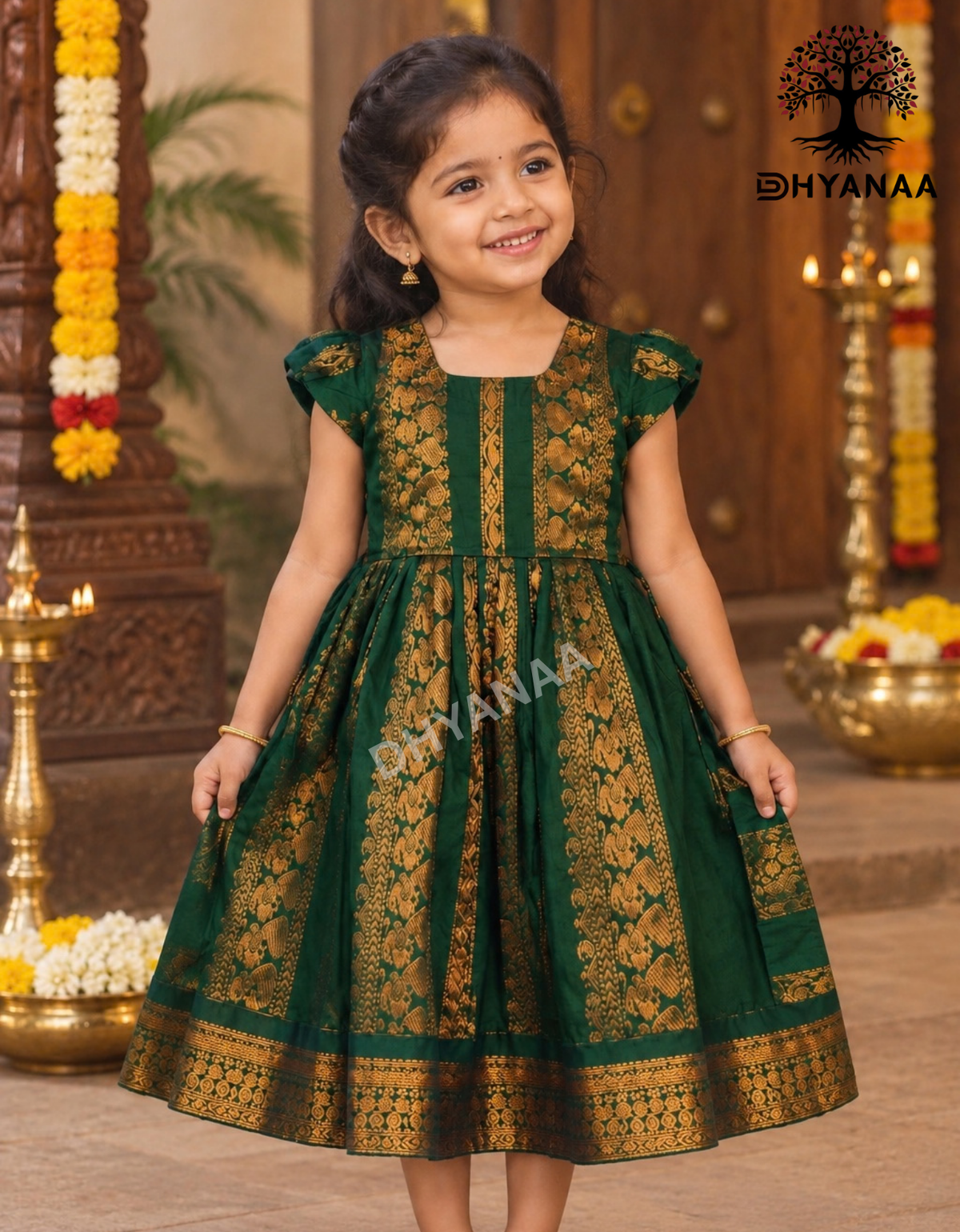 Kids Girls Frock Silk Cotton Green W/Lining-GFFSC001