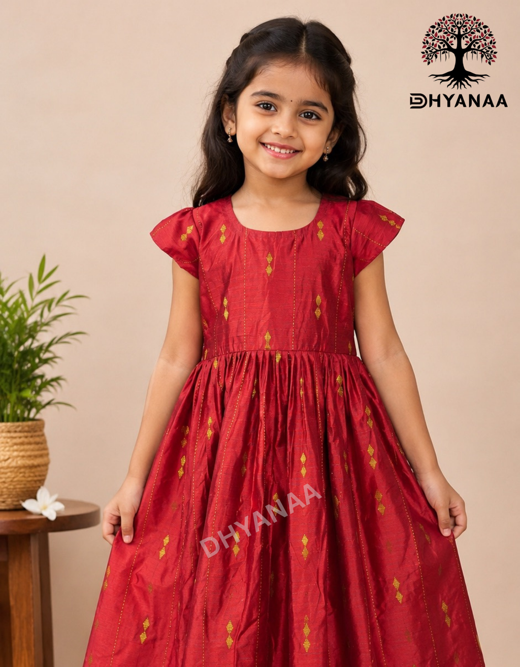 Kids Girls Silk Cotton Frock Maroon Festive-GFF003