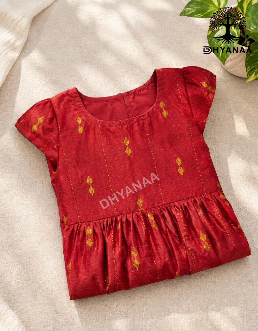 Kids Girls Silk Cotton Frock Maroon Festive-GFF003