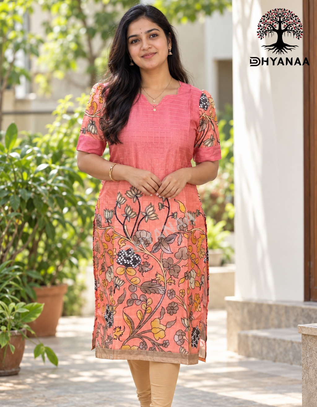 Lotus design Silk kurti W/Lining-Peach-LKS002
