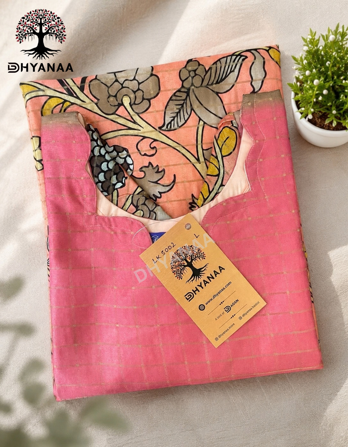 Lotus design Silk kurti W/Lining-Peach-LKS002