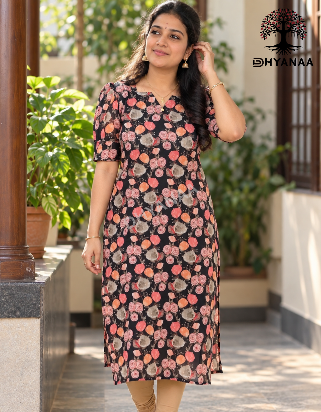 Chanderi Cotton Floral Design Kurti Black W/Lining-LKCHC005