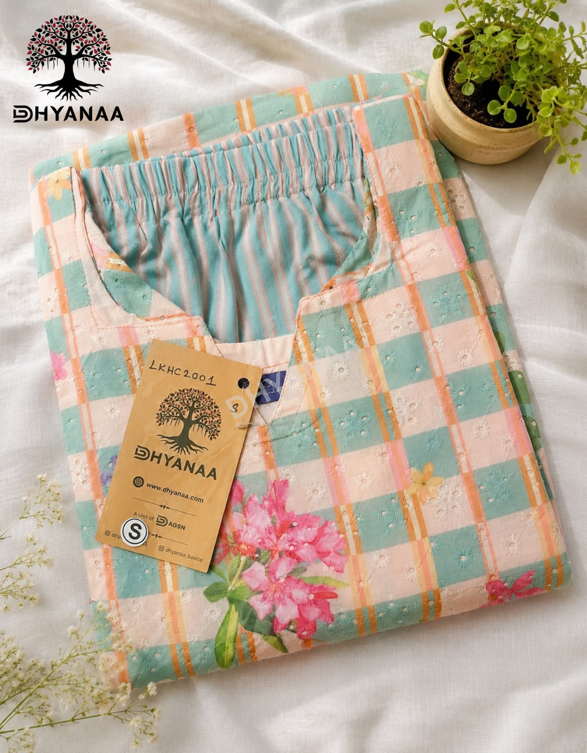Hakoba Cotton Checked Floral design Co-Ord Set W/Lining-LKHC2001