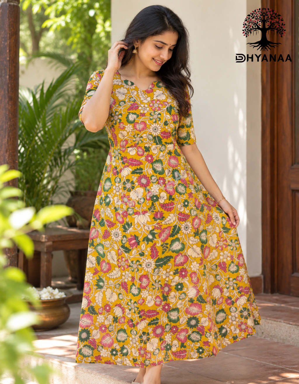 Kalamkari Hand-Painted A-Line Kurti - Yellow - LKALC002