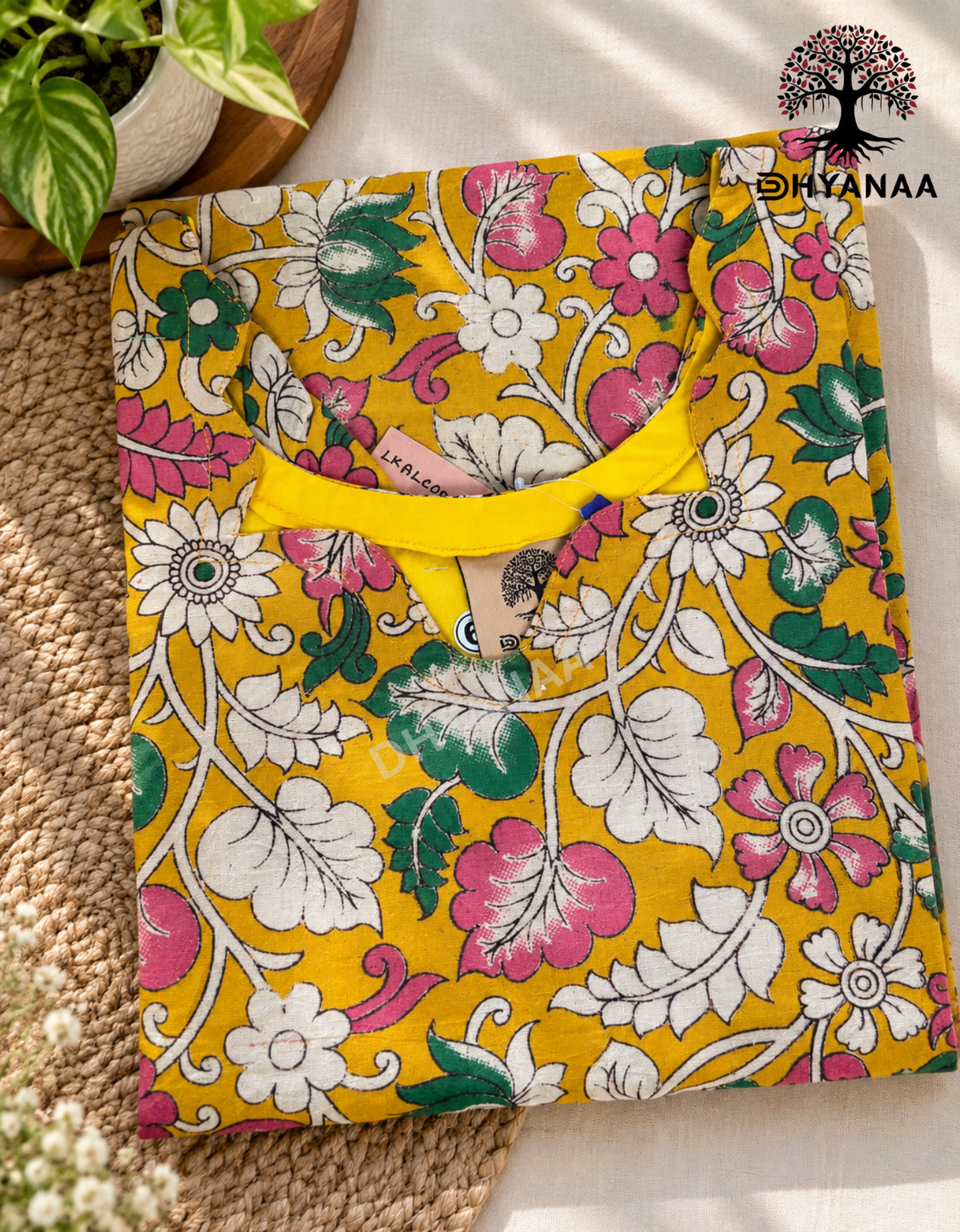 Kalamkari Hand-Painted A-Line Kurti - Yellow - LKALC002