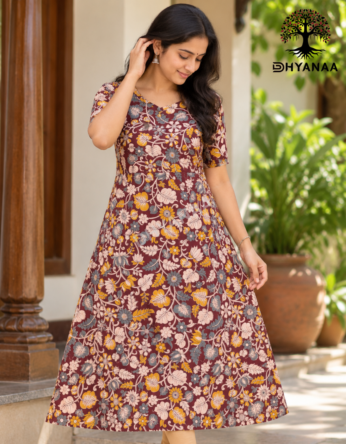 Kalamkari Hand-Painted A-Line Kurti - Brown-LKALC001