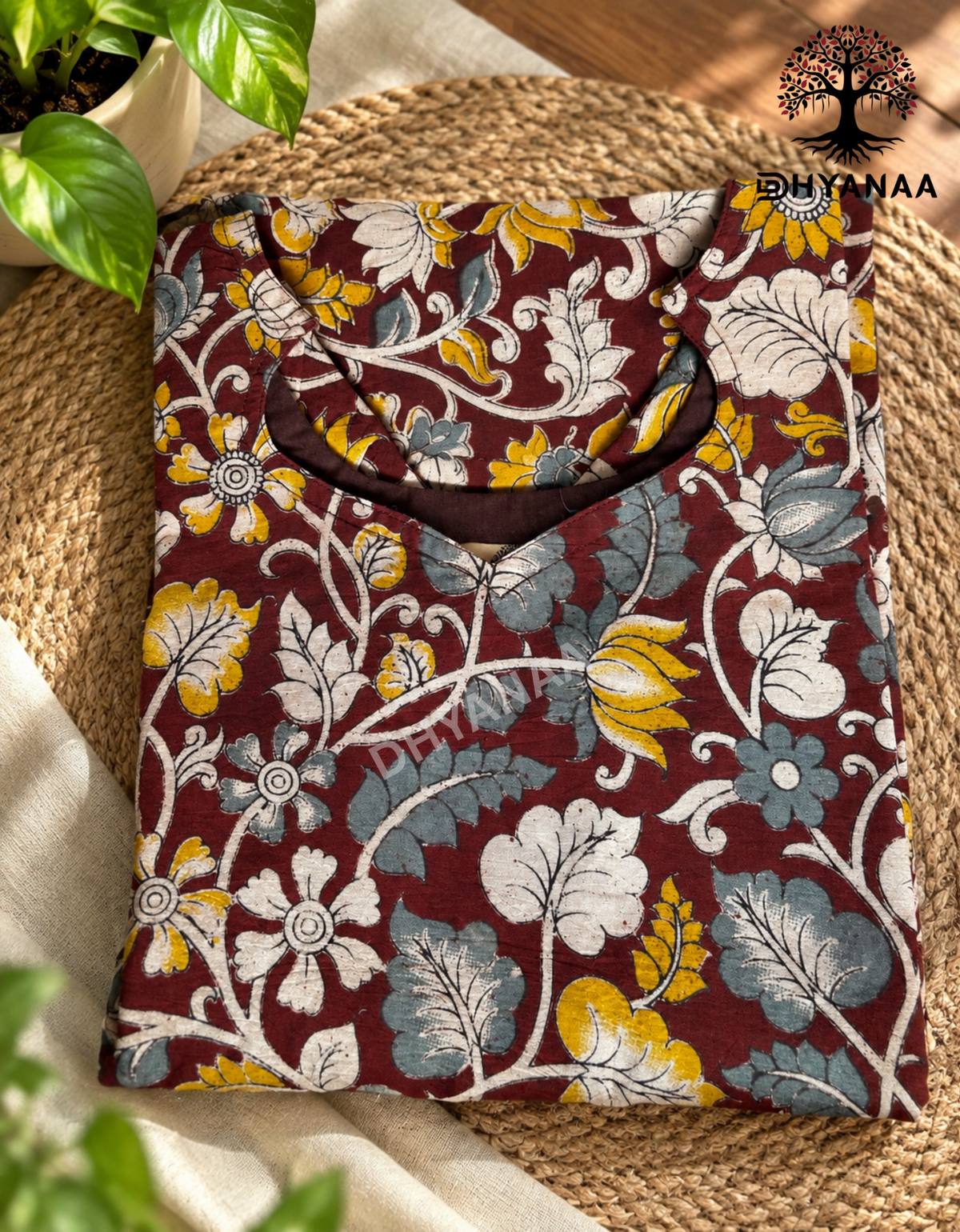 Kalamkari Hand-Painted A-Line Kurti - Brown-LKALC001