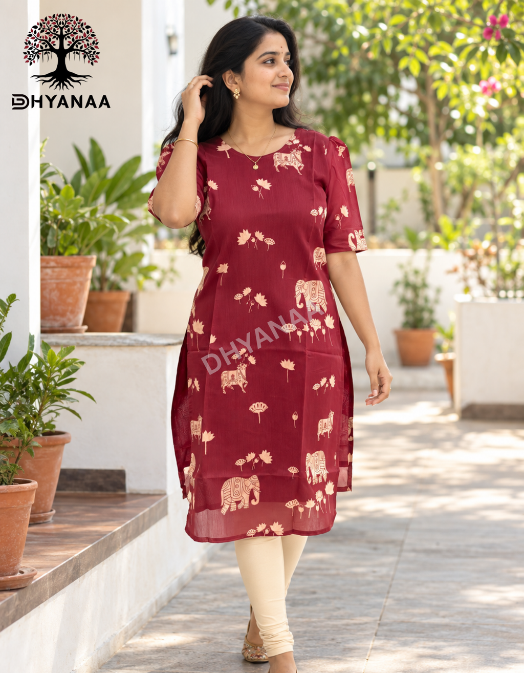 Pichwai Art Chanderi Cotton Kurti Maroon W/Lining-LKCHC001